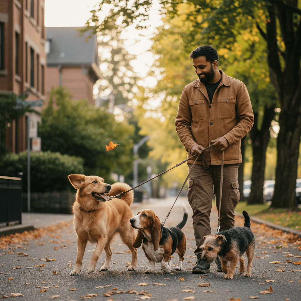 Dog walker caring for multiple dogs with different temperaments and sizes in Vancouver