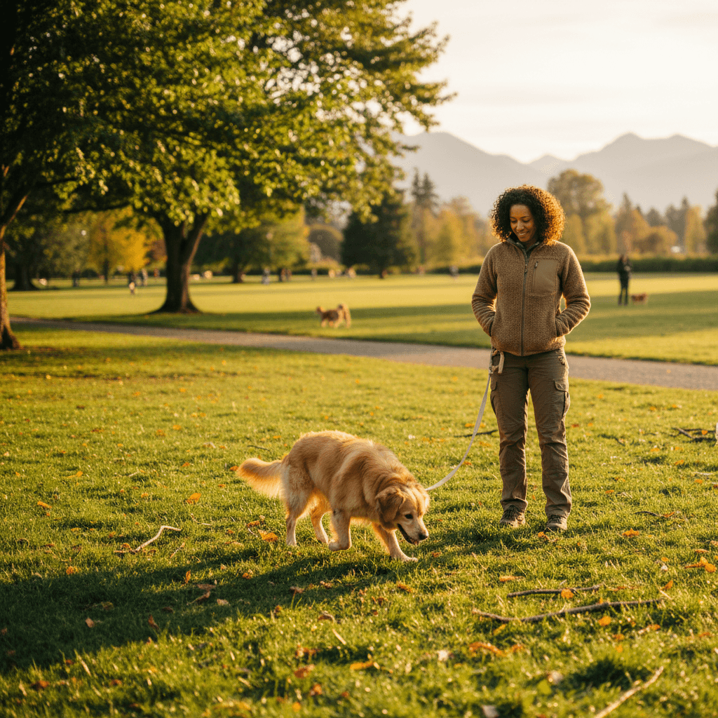 Dog walker supervising active dog during extended 2-hour walk with playtime in Vancouver park