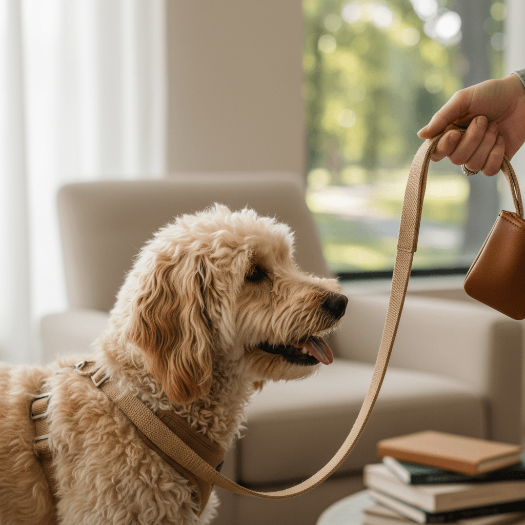 Close-up of professional dog walker providing safe, attentive care during walk