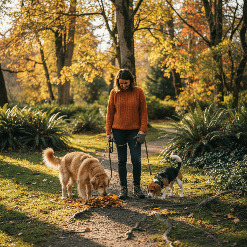 Dog walker with two dogs exploring a Vancouver park during extended walk session