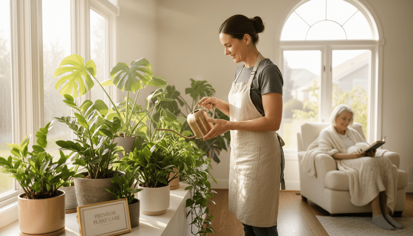 Caregiver carefully watering diverse potted plants on sunny windowsill in bright residential home with elderly person relaxing nearby