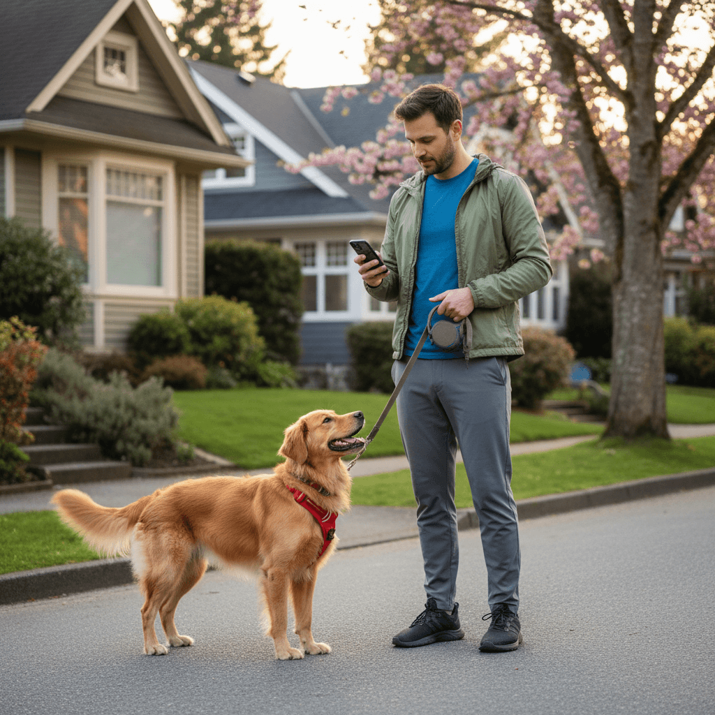 Dog walker managing flexible scheduling while providing professional daily dog walking service