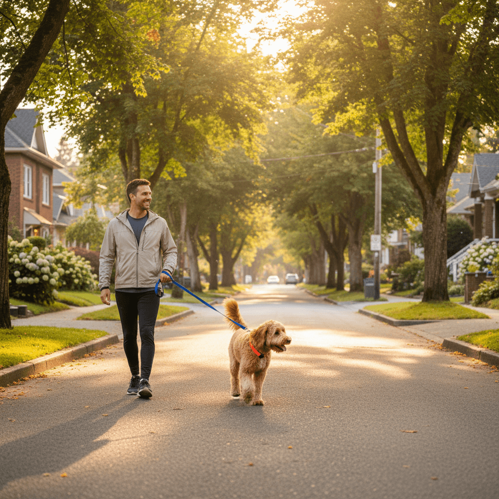 Professional dog walker with medium-sized dog on Vancouver residential street during morning walk