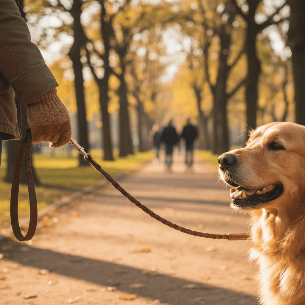Dog walker with two happy dogs on leashes walking through a Vancouver neighborhood during golden hour