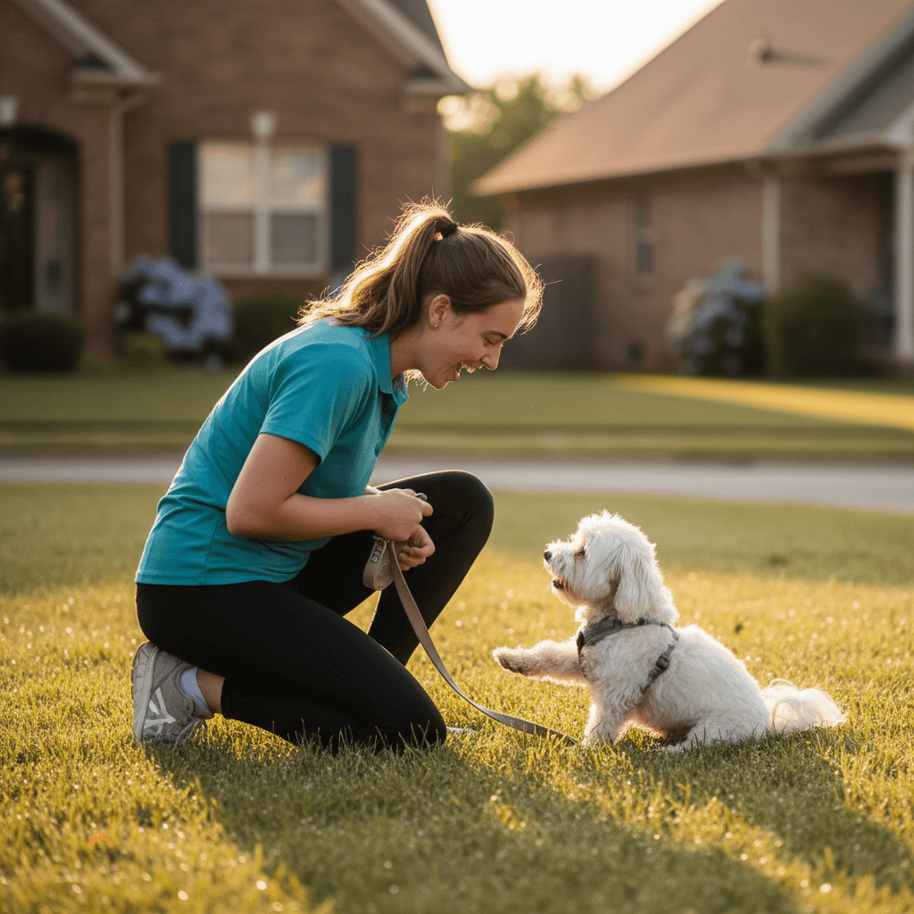 Dog walker engaging with dog during walk