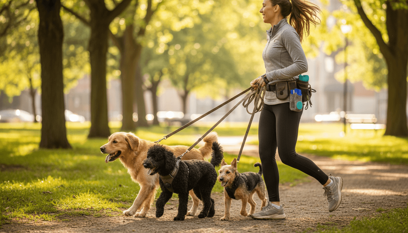 Dog walker in Vancouver leading multiple happy dogs on leashes down a tree-lined residential street