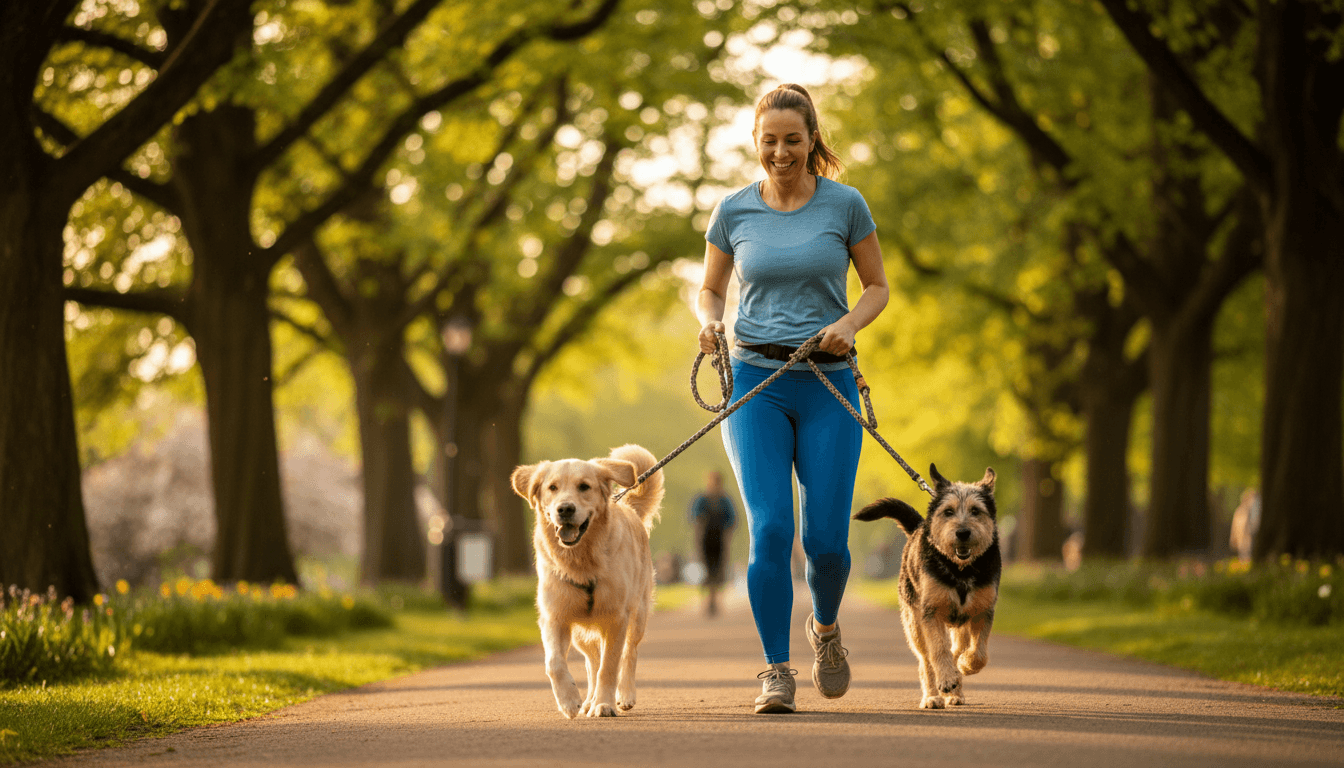 Professional dog walker with three happy dogs on a sunny Vancouver street